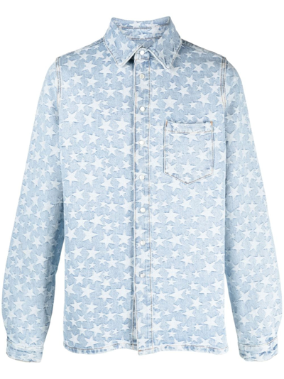 Shop Erl Star Patterned-jacquard Denim Overshirt In Blue