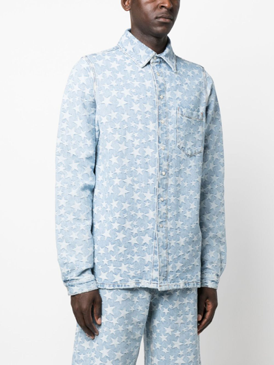 Shop Erl Star Patterned-jacquard Denim Overshirt In Blue