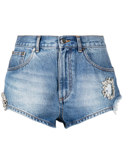 Shop Area Crystal-embellished Denim Mini Shorts In Blue