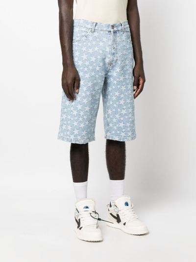 Shop Erl Star Patterned-jacquard Denim Shorts In Blue