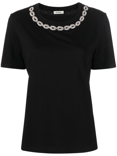 Shop Sandro Crystal-embellished Cotton T-shirt In Black