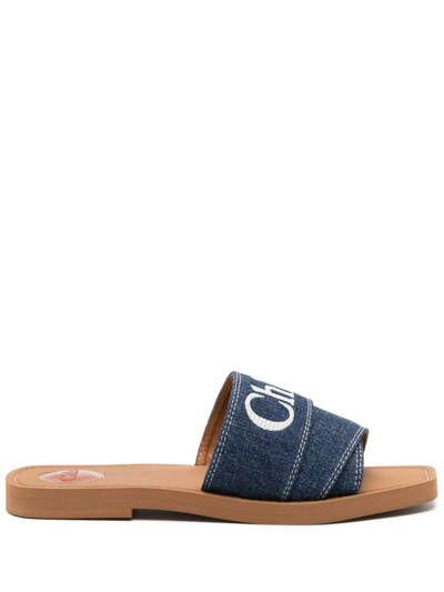 Shop Chloé Woody Denim Flat Sandals In Blue