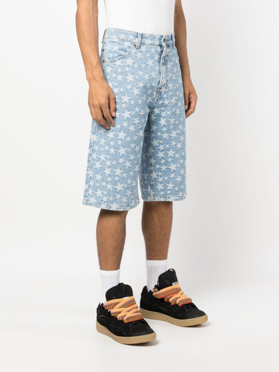 Shop Erl Star-pattern Cotton Denim Shorts In Blue