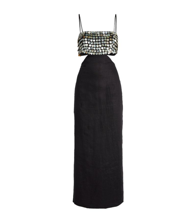 Shop Staud Linen Embellished Jada Maxi Dress In Black