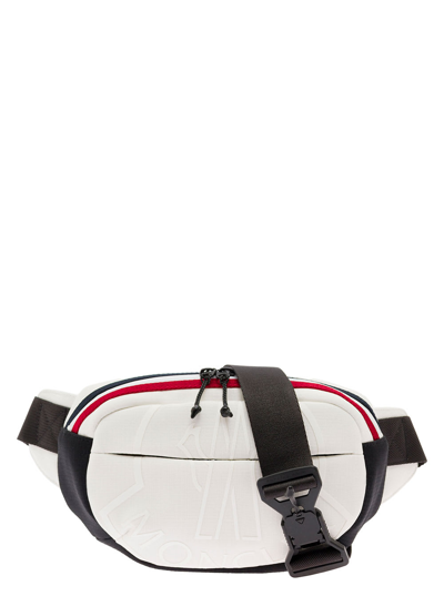 Shop Moncler Cut White Fanny Pack With Tricolour Stripes And Logo In Tech Fabric Man