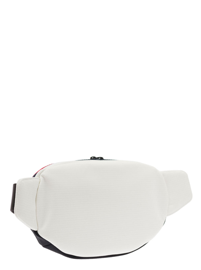 Shop Moncler Cut White Fanny Pack With Tricolour Stripes And Logo In Tech Fabric Man