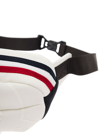 Shop Moncler Cut White Fanny Pack With Tricolour Stripes And Logo In Tech Fabric Man