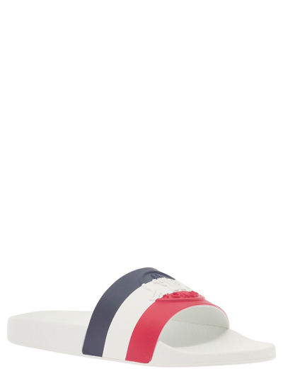 Shop Moncler Basile White Slides With Tricolour Toe Strap In Rubber Man