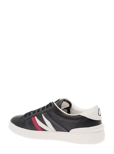 Shop Moncler Monaco Black Low Top Sneakers With Tricolor Stripes And Logo In Faux Leather Woman