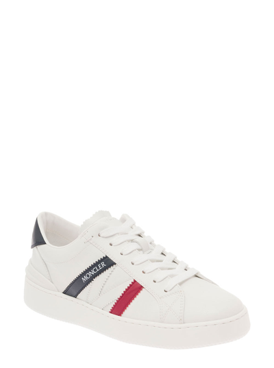 Shop Moncler Monaco White Low Top Sneakers With Tricolor Stripes And Logo In Faux Leather Woman