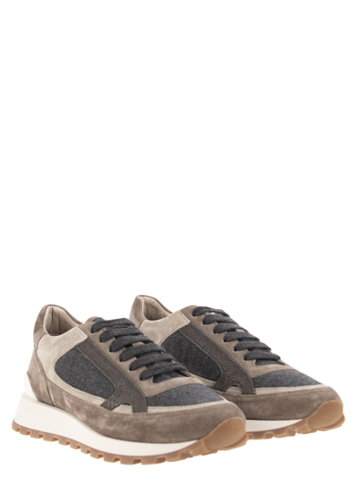 Shop Brunello Cucinelli Runners In Suede And Virgin Wool Flannel With Precious Contour In Dark Grey