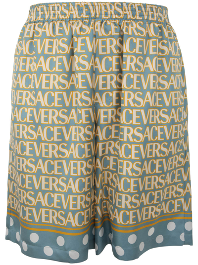 Shop Versace Shorts Silk Fabric With All Over Print In Light Blue Ivory