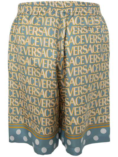 Shop Versace Shorts Silk Fabric With All Over Print In Light Blue Ivory
