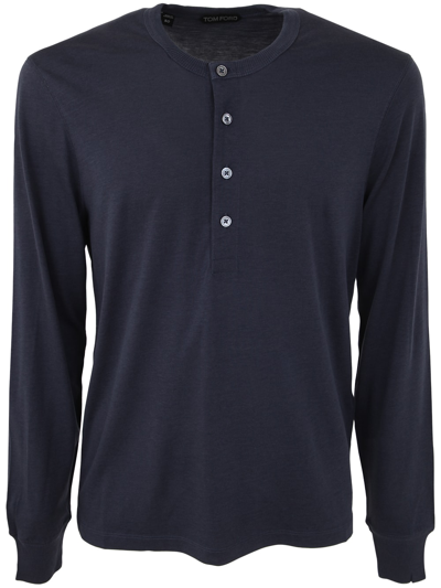 Shop Tom Ford Cut And Sewn Henley Knitted Sweater In Navy