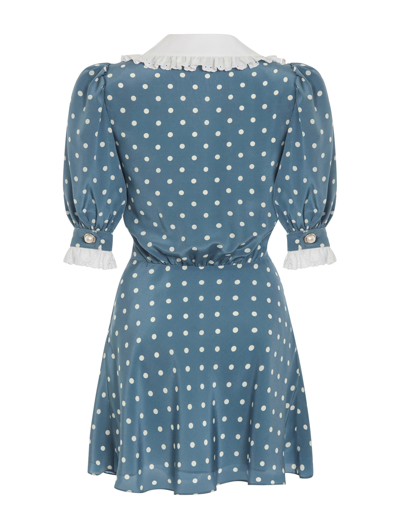 Shop Alessandra Rich Polka Dot Silk Mini Dress With Collar In Teal Blue Ivory