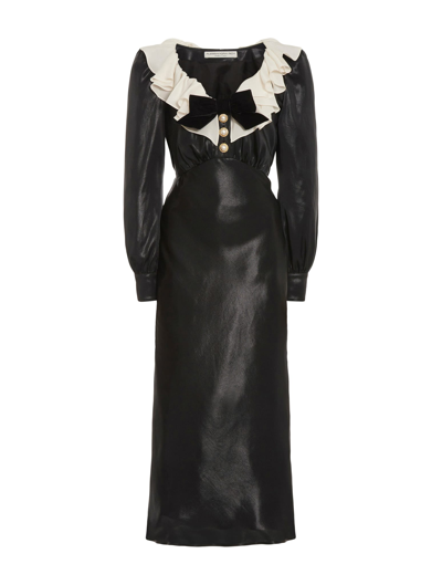Shop Alessandra Rich Laminated Silk Dress With Volant Collar In Black