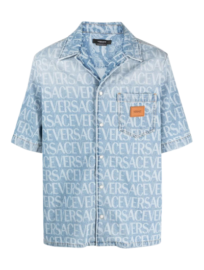 Shop Versace Shirt Denim Americana Fit Non Stretch Lightblue Stone Washi Denim + Allover Laser In Light Blue