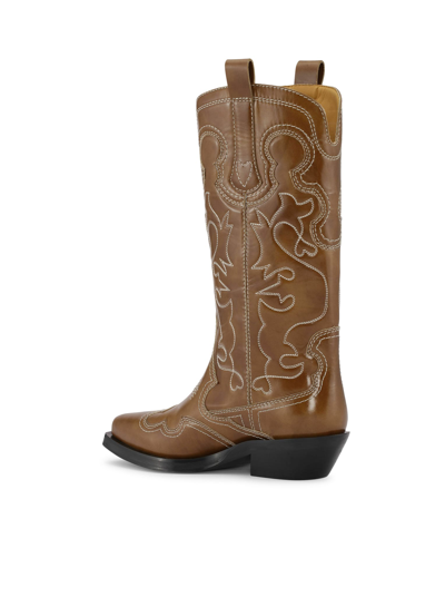 Shop Ganni Mid Shaft Embroidered Western Boot In Tiger`s Eye