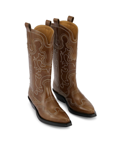 Shop Ganni Mid Shaft Embroidered Western Boot In Tiger`s Eye
