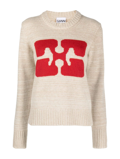 Shop Ganni Graphic O-neck Pullover Butterfly In Pale Khaki