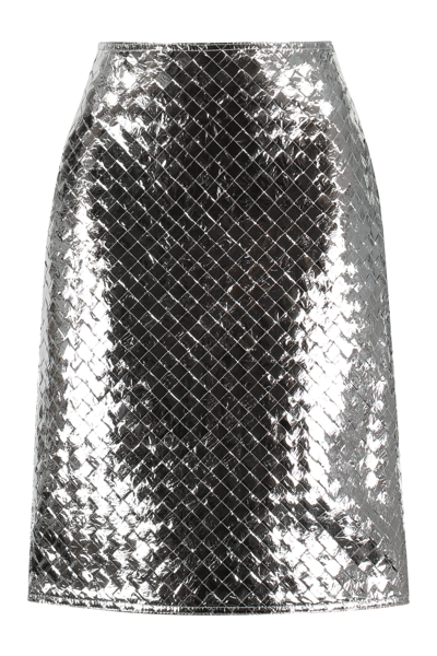 Shop Bottega Veneta Leather Midi Skirt In Silver