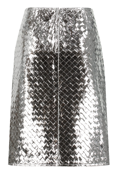 Shop Bottega Veneta Leather Midi Skirt In Silver