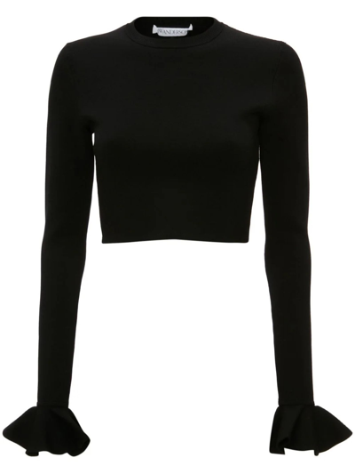 Shop Jw Anderson Cropped Ruffled Sleeve Jumper In Nero