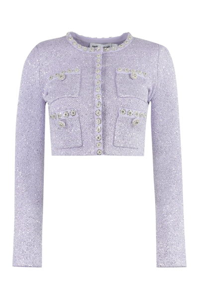 Shop Self-portrait Cropped-length Knitted Cardigan In Lilac