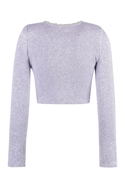 Shop Self-portrait Cropped-length Knitted Cardigan In Lilac