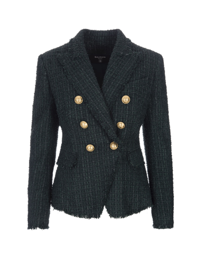 Balmain Tweed Double-breasted Blazer Jacket In Verde
