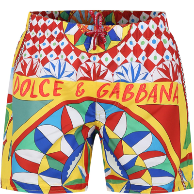 Shop Dolce & Gabbana Yellow Swim Boxer For Boy With Logo And Print In Multicolor