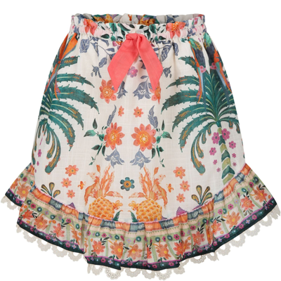 Shop Zimmermann Ivory Skirt For Girl With Tropical Print In Multicolor