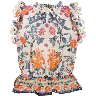 Shop Zimmermann Ivory Top For Girl With Tropical Print In Multicolor