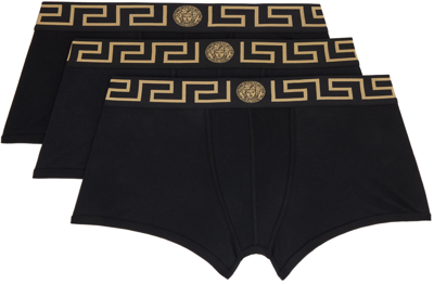 Shop Versace Three-pack Black Greca Border Boxers In A80g-black Gold