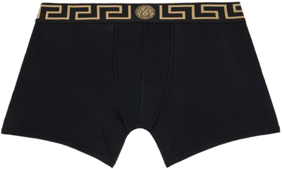 Shop Versace Black Greca Border Long Boxers In A80g-black Gold