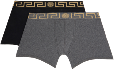 Shop Versace Two-pack Black & Gray Greca Border Boxers In A91m-black-grey