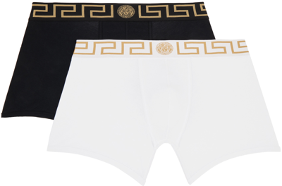 Shop Versace Two-pack Black & White Greca Border Boxers In A83k-blkwhte/blkgld