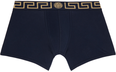 Shop Versace Blue Greca Border Long Boxers In A70w-blue-gold