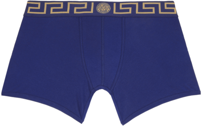 Shop Versace Blue Greca Border Long Boxers In A85k-bluette-gold
