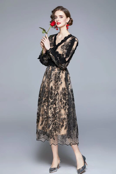 Shop Kaimilan Black And Apricot Evening A-line V-neck Long Sleeve Midi Lace Dress