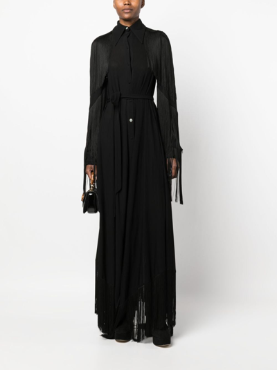 Shop Roberto Cavalli Fringe-detail Belted Maxi Dress In Black