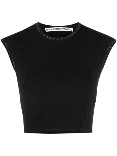 Shop Alexander Wang Crystal-embellished Logo Crop Top In Black
