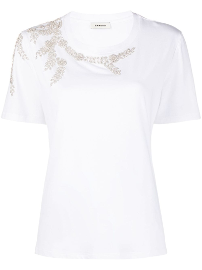 Shop Sandro Floral Rhinestone-embellished T-shirt In White