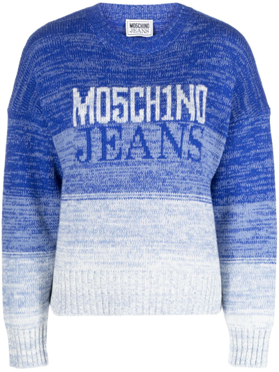 Shop Moschino Jeans Logo-intarsia Wool-blend Jumper In Blue