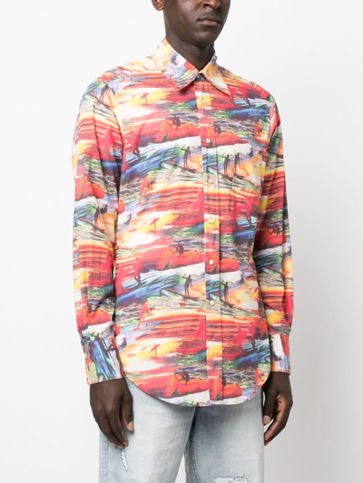 Shop Erl Sunset-print Cotton Shirt In Red