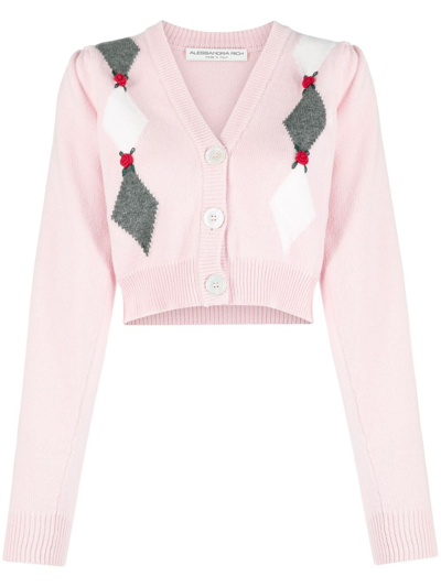 Shop Alessandra Rich Intarsia-knit Floral-detail Cardigan In Pink