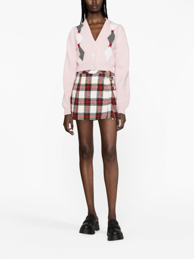 Alessandra Rich Diamond Jacquard Wool Knit Crop Cardigan In Pink
