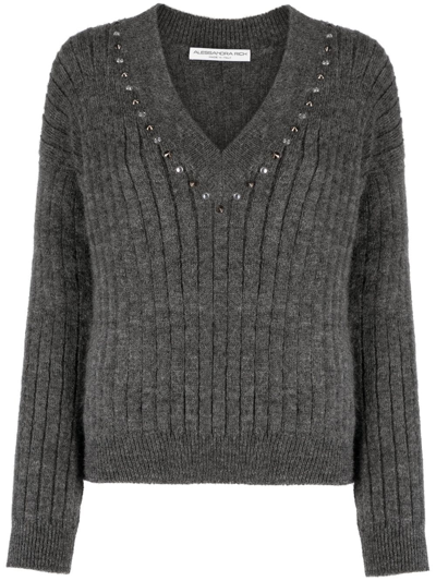 Shop Alessandra Rich Stud-embellished Ribbed-knit Jumper In Grey