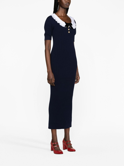 Shop Alessandra Rich Ruffled-collar Ribbed-knit Midi Dress In Blue