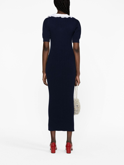 Shop Alessandra Rich Ruffled-collar Ribbed-knit Midi Dress In Blue